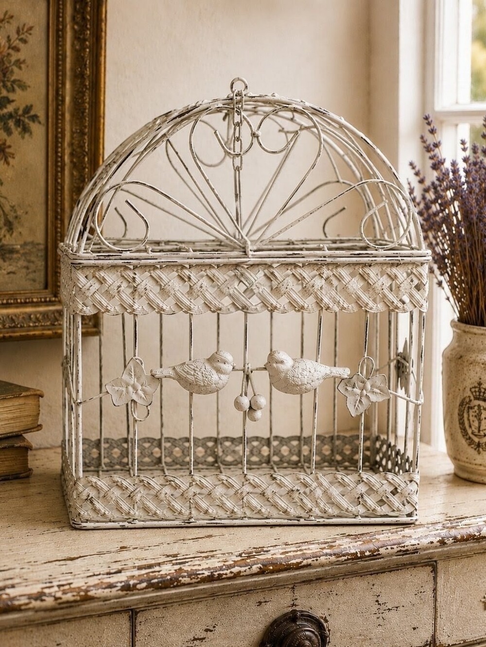 Vintage Distressed Metal Birdcage Basket | Cottagecore Bird & Ivy Decor |